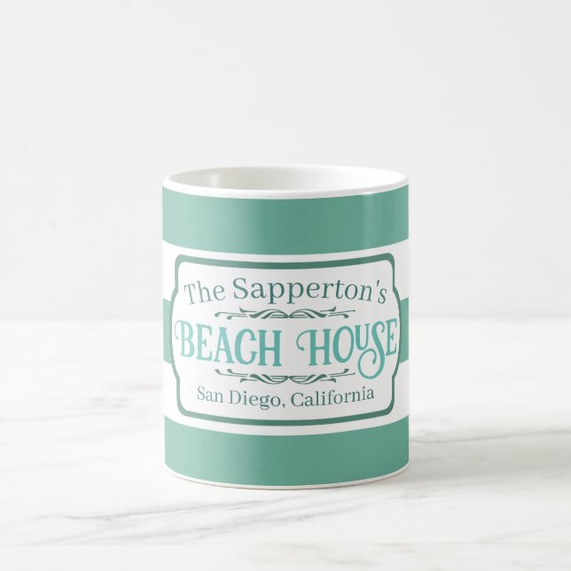 Individuelle Name Beach House Aquamarine Streifen Kaffeetasse (Mittel)