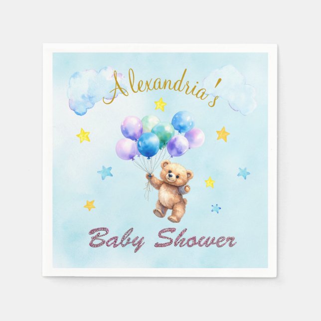 Individuelle Name Bear schwimmende Ballons Babydus Serviette (Vorderseite)