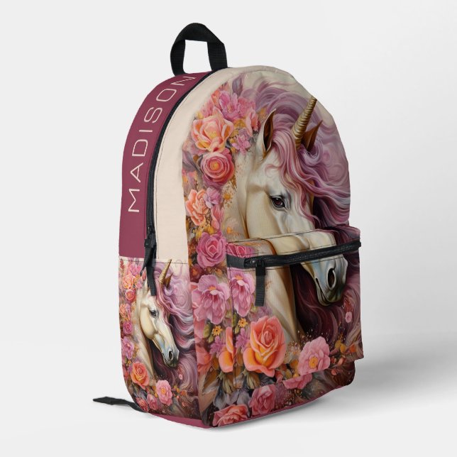 Individuelle Name Beautiful Unicorn Bedruckter Rucksack (Rückseitige Ecke links)