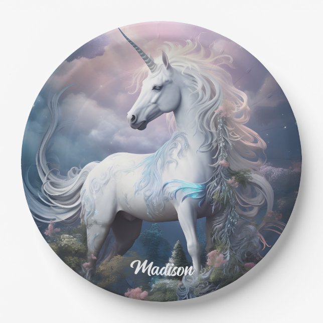 Individuelle Name Beautiful Unicorn Pappteller (Vorderseite)