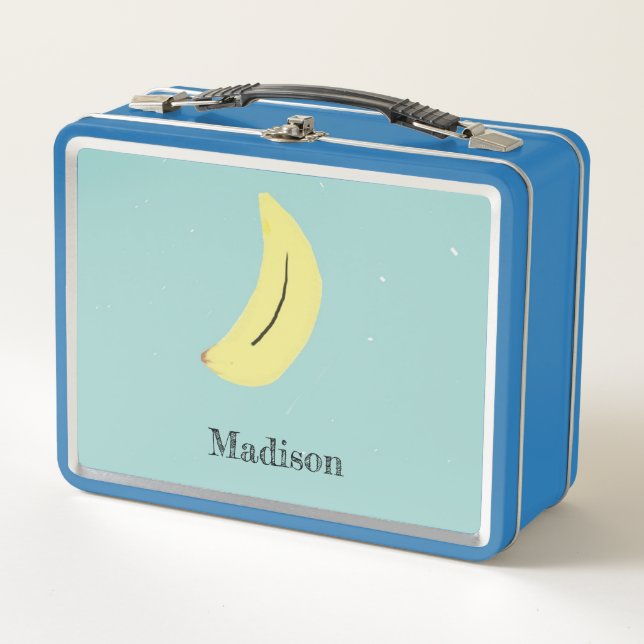 Individuelle Name bemalte Banane auf blau Metall Brotdose (Vorderseite)