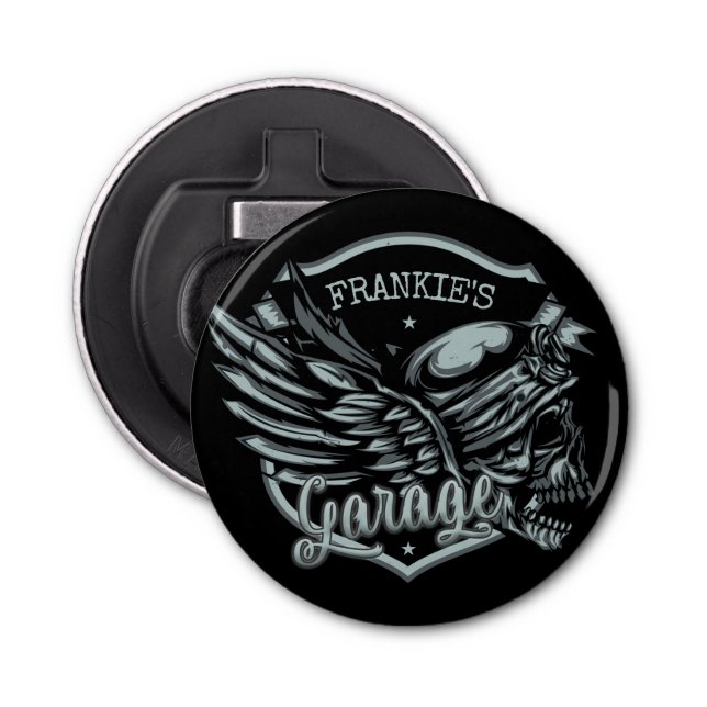 Individuelle Name Biker Skull Wings Motorradgarage Flaschenöffner (Vorderseite)