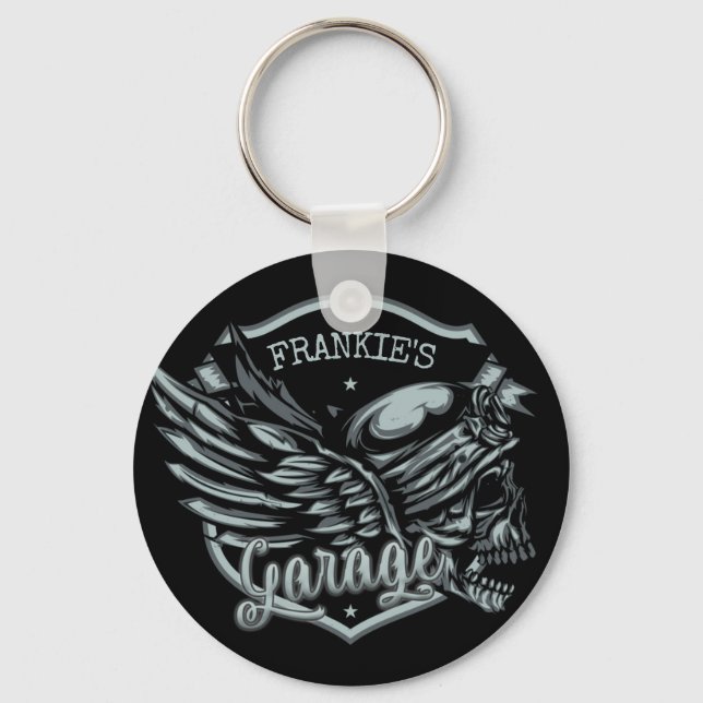 Individuelle Name Biker Skull Wings Motorradgarage Schlüsselanhänger (Vorderseite)