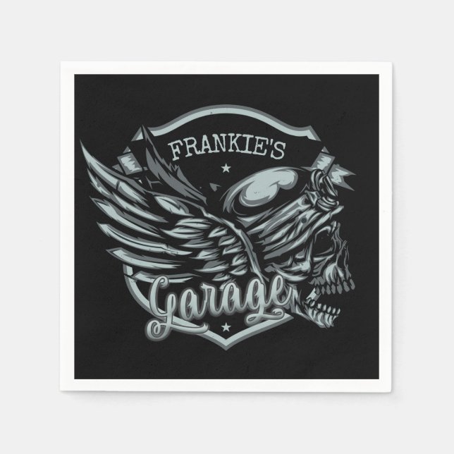 Individuelle Name Biker Skull Wings Motorradgarage Serviette (Vorderseite)