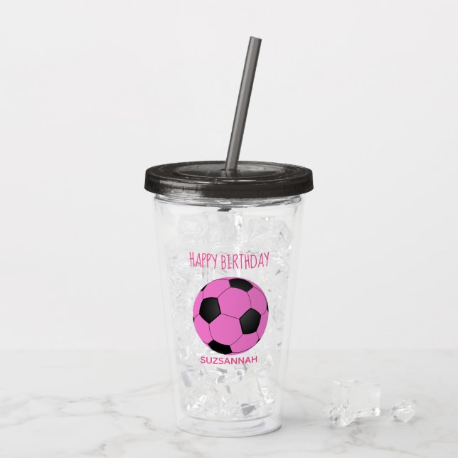 Individuelle Name Birthday Girly Pink Black Soccer Acryltrinkbecher (Rückseite Ice)