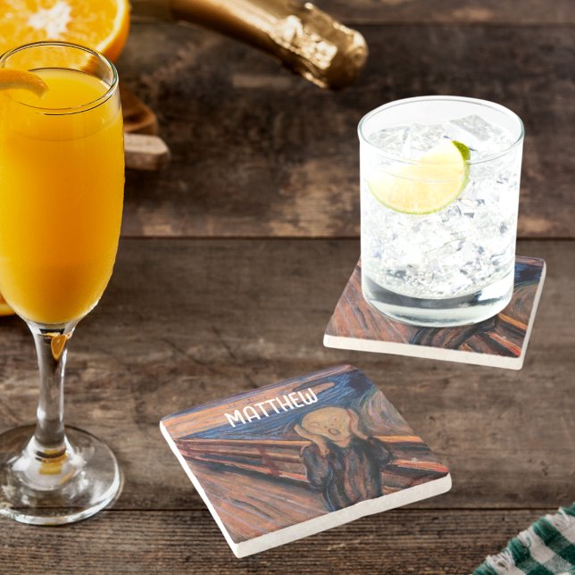 Individuelle Name blau orange Der Schrei Steinuntersetzer (Von Creator hochgeladen)