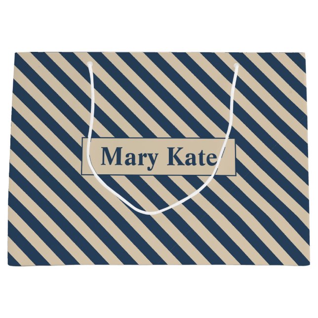 Individuelle Name Blau/Vanilla Streifen Große Geschenktüte (Vorderseite)