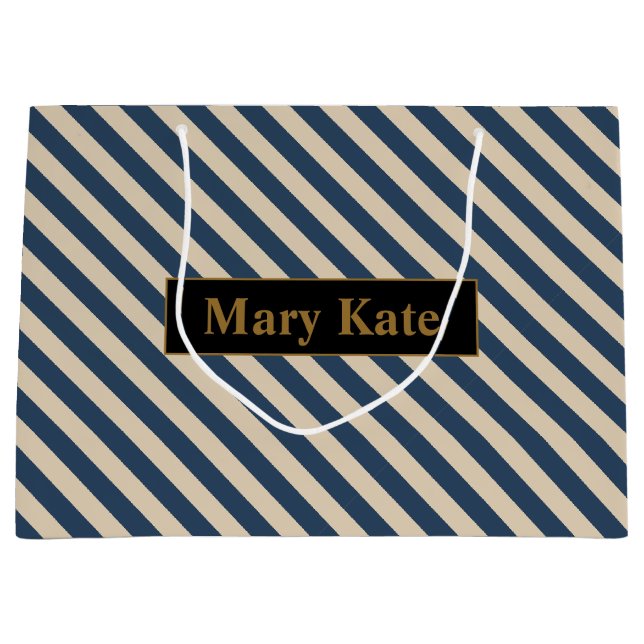 Individuelle Name Blau/Vanilla Streifen Große Geschenktüte (Vorderseite)