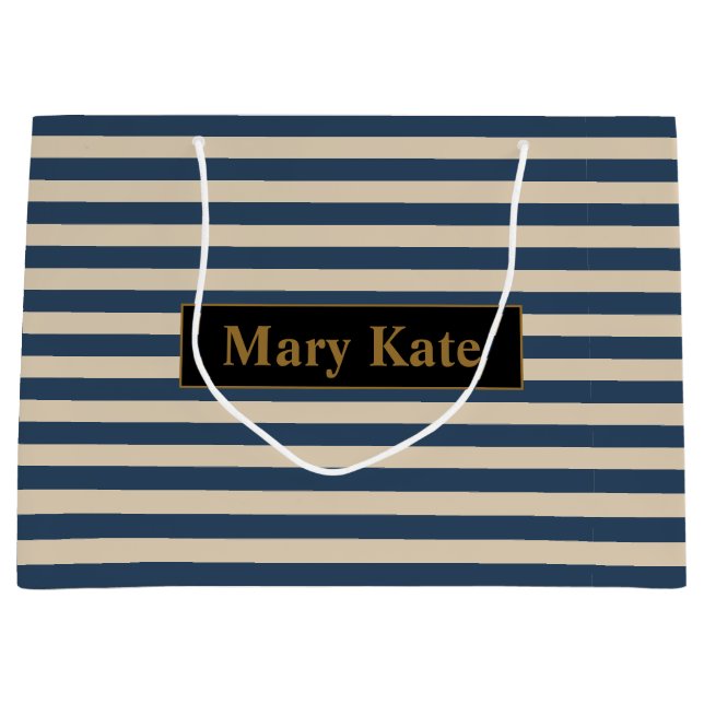 Individuelle Name Blau/Vanilla Streifen Große Geschenktüte (Vorderseite)