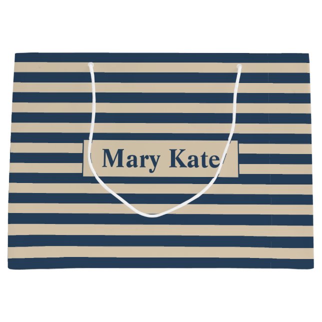Individuelle Name Blau/Vanilla Streifen Große Geschenktüte (Vorderseite)