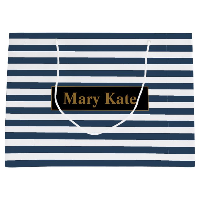 Individuelle Name Blau/Weiße Streifen Große Geschenktüte (Vorderseite)
