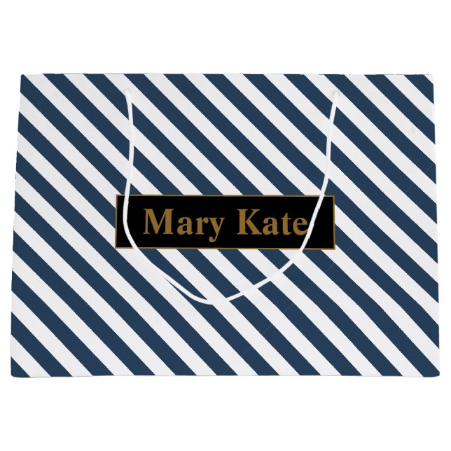 Individuelle Name Blau/Weiße Streifen Große Geschenktüte (Vorderseite)