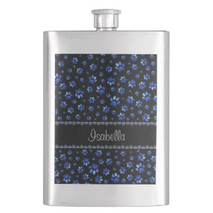 Individuelle Name, blaue Glitzer-Hundpaare Flachmann