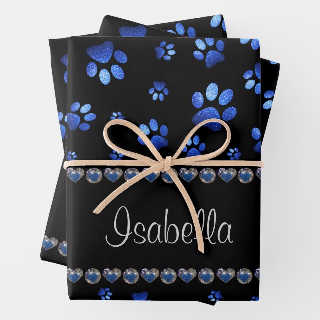 Individuelle Name, blaue Glitzer-Hundpaare Geschenkpapier Set (Beispiel)