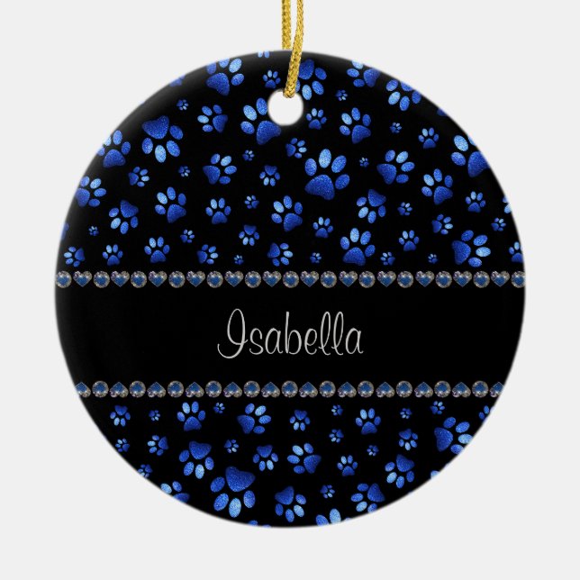 Individuelle Name, blaue Glitzer-Hundpaare Keramik Ornament (Vorne)