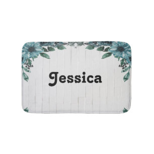 Individuelle Name blauer Blumen auf grauem Holz Badematte