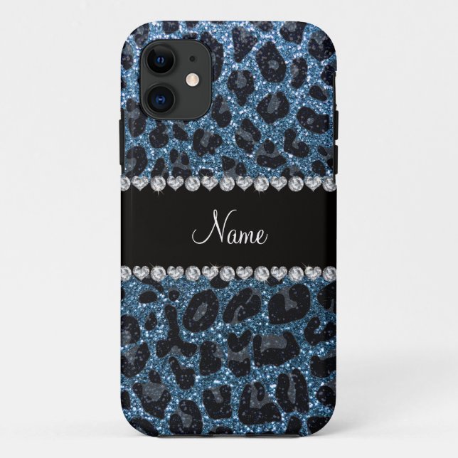 Individuelle Name-Blauer Leopardendruck Glitzer Case-Mate iPhone Hülle (Rückseite)