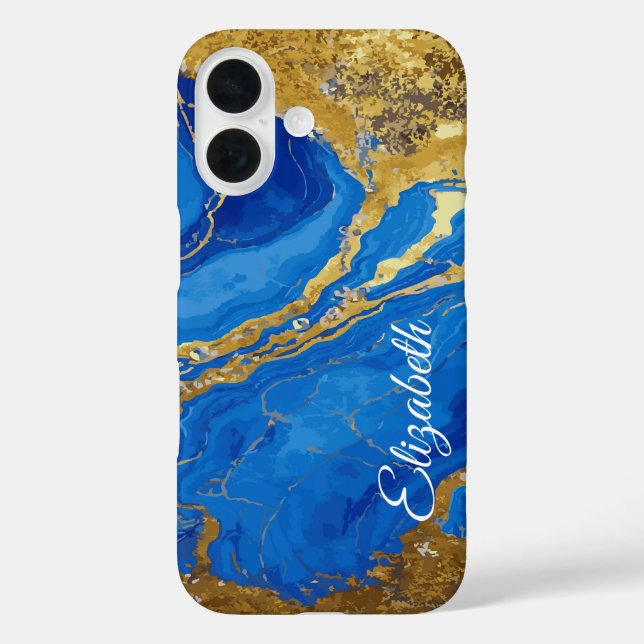 Individuelle Name Blauer Marmor und Goldleaf Case-Mate iPhone Hülle (Rückseite)