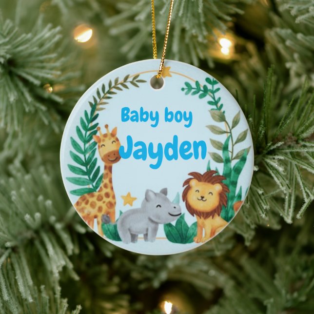 Individuelle Name Blue Baby Boy Safari Weihnachten Keramik Ornament (Baum)