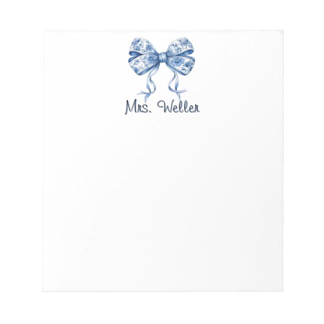 Individuelle Name Blue Floral Coquette Bow Design Notizblock (Vorderseite)