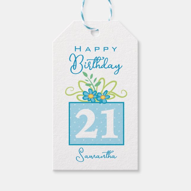 Individuelle Name Blue Floral Geburtstag Gegenwart Geschenkanhänger (Vorderseite)