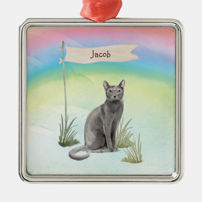 Individuelle Name Blue Russian Cat Pet Ornament Aus Metall (Vorne)