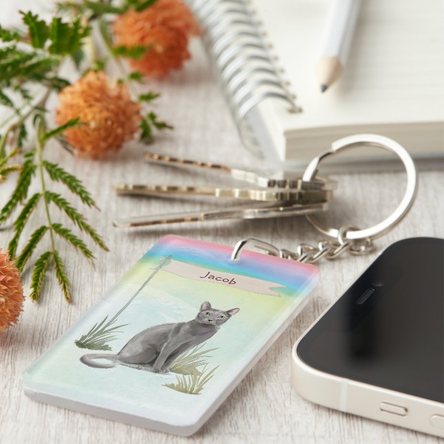 Individuelle Name Blue Russian Cat Pet Schlüsselanhänger (Vorderseite rechts)