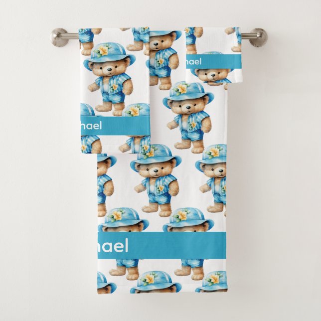 Individuelle Name Blue Teddy Bear Boy's Bath Handt Badhandtuch Set (Insitu)