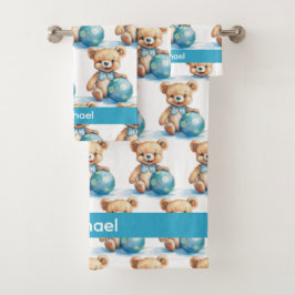 Individuelle Name Blue Teddy Bear Boy's Bath Handt Badhandtuch Set