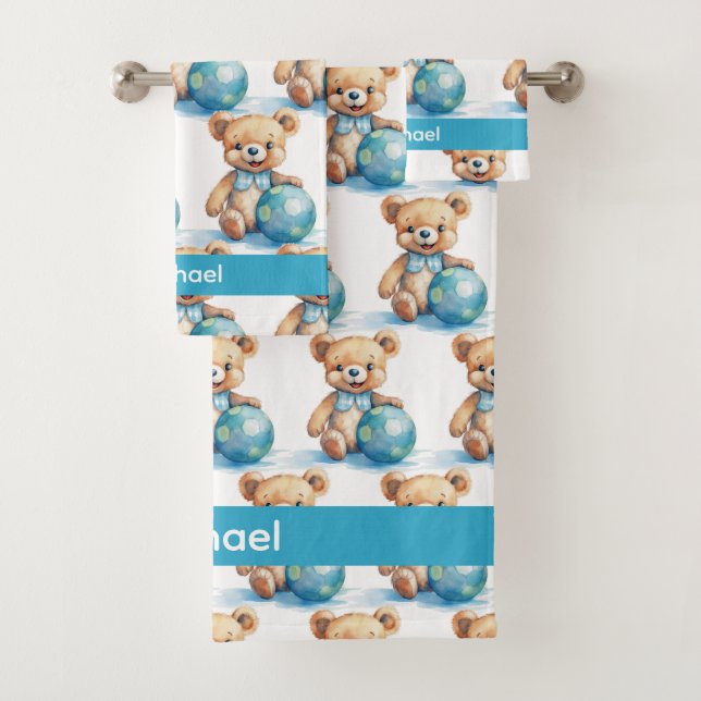 Individuelle Name Blue Teddy Bear Boy's Bath Handt Badhandtuch Set (Insitu)