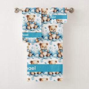 Individuelle Name Blue Teddy Bear Boy's Bath Handt Badhandtuch Set