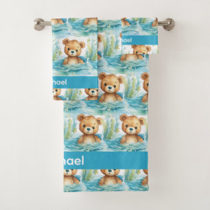 Individuelle Name Blue Teddy Bear Boy's Bath Handt Badhandtuch Set