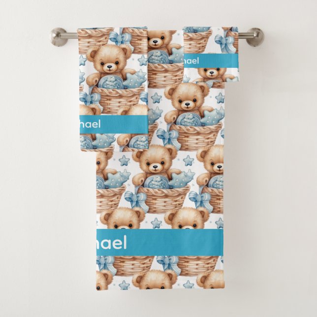 Individuelle Name Blue Teddy Bear Boy's Bath Handt Badhandtuch Set (Insitu)