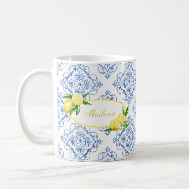 Individuelle Name Blue Tile Italienischer Blumenst Kaffeetasse (Links)