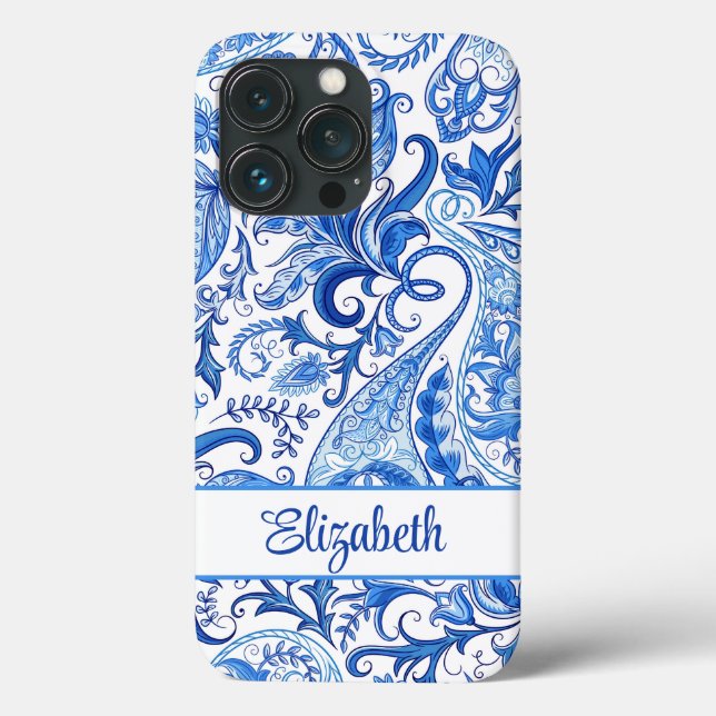 Individuelle Name Blue und White Paisley Case-Mate iPhone Hülle (Rückseite)