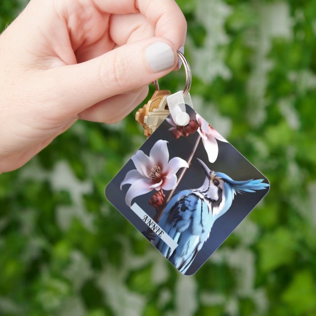 Individuelle Name Bluejay und Blume Schlüsselanhänger (Hand)