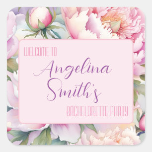 Individuelle Name Blush Pink Peony Junggeselinnen- Quadratischer Aufkleber
