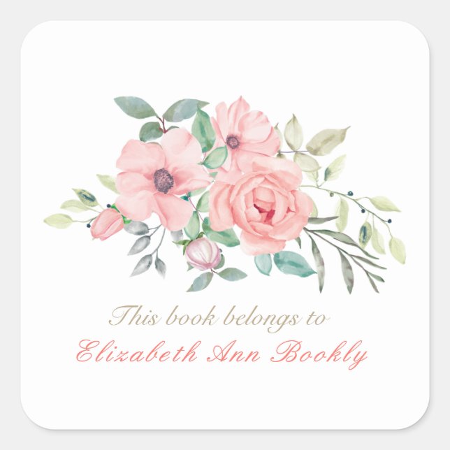 Individuelle Name Blush Wasserfarben Buchzeichen Quadratischer Aufkleber (Vorderseite)