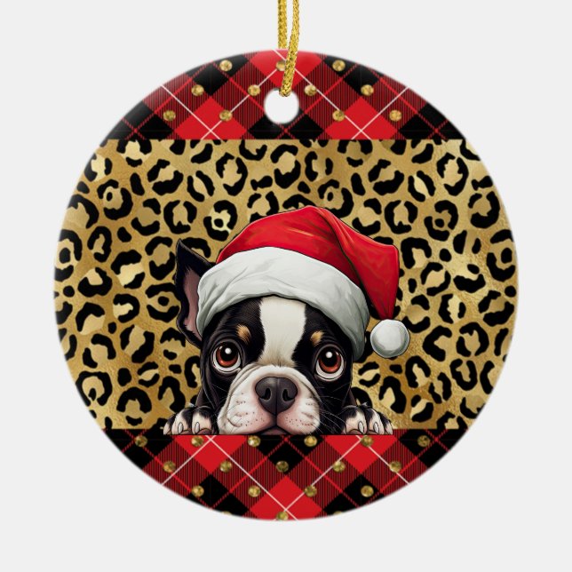 Individuelle Name Boston Terrier dog Weihnachtsman Keramik Ornament (Vorne)
