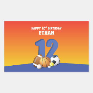 Individuelle Name Boy 12. Geburtstag Sportbälle Rechteckiger Aufkleber