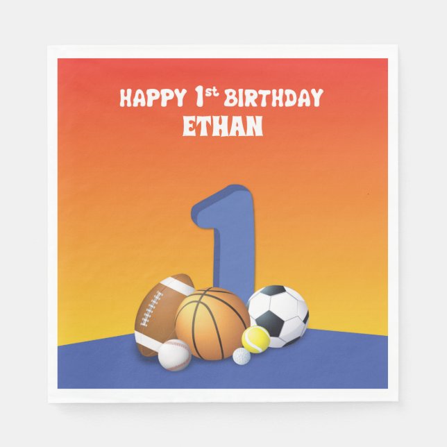 Individuelle Name Boy 1. Geburtstag Sportbälle Serviette (Vorderseite)