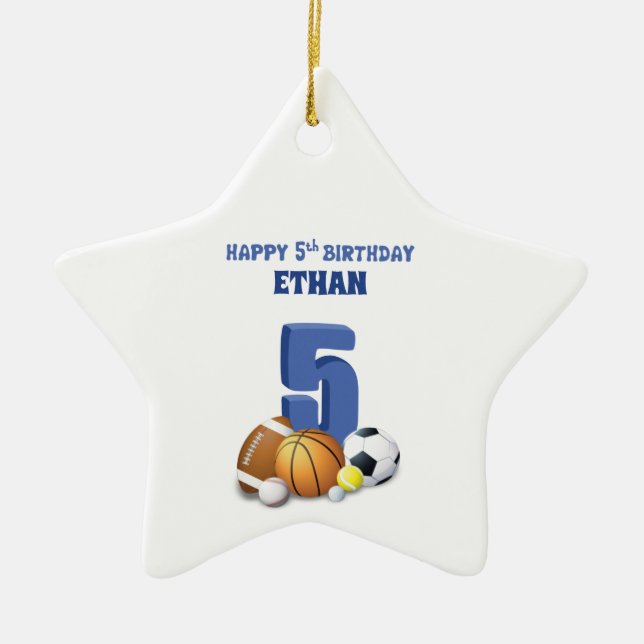 Individuelle Name Boy 5th Birthday Sports Balls Keramik Ornament (Vorne)