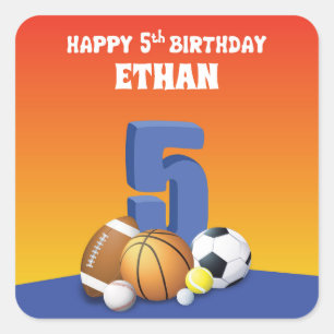 individuelle Name Boy 5th Birthday Sports Balls Quadratischer Aufkleber