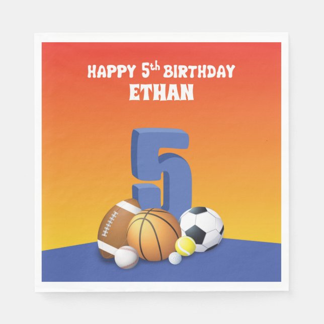 Individuelle Name Boy 5th Birthday Sports Balls Serviette (Vorderseite)