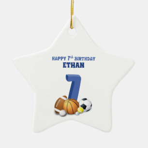 Individuelle Name Boy 7. Geburtstag Sportbälle Keramik Ornament