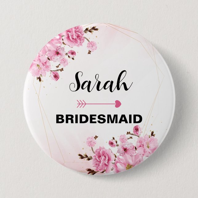 Individuelle Name Bridesmaid Pink Elegante Blume Button (Vorderseite)