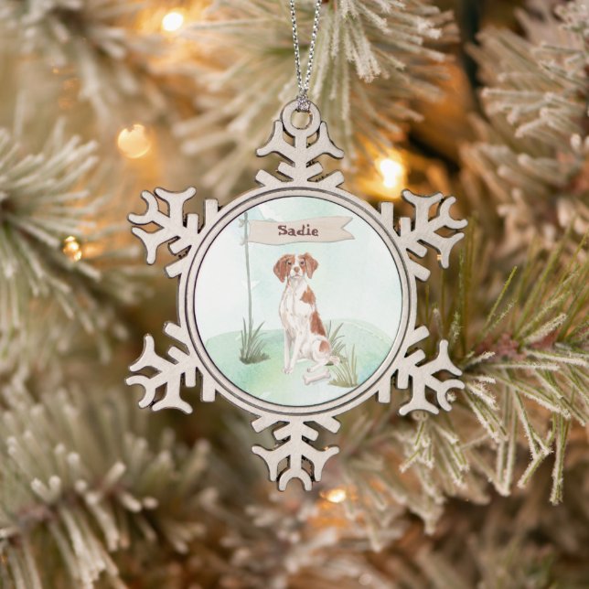 Individuelle Name Brittany Haustier Hund Schneeflocken Zinn-Ornament (Baum)