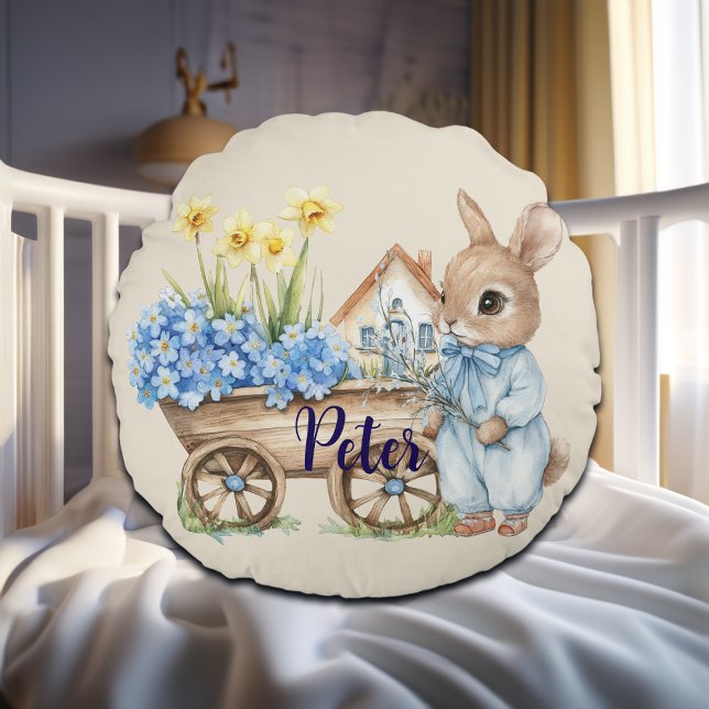 Individuelle Name Bunny mit Blumen Rundes Kissen (Von Creator hochgeladen)