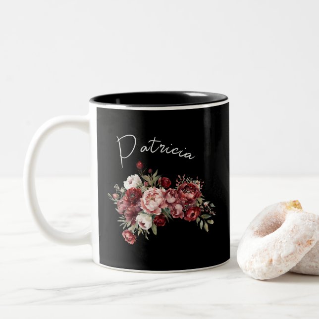 Individuelle Name Chic Burgundy Blume Zweifarbige Tasse (Mit Donut)