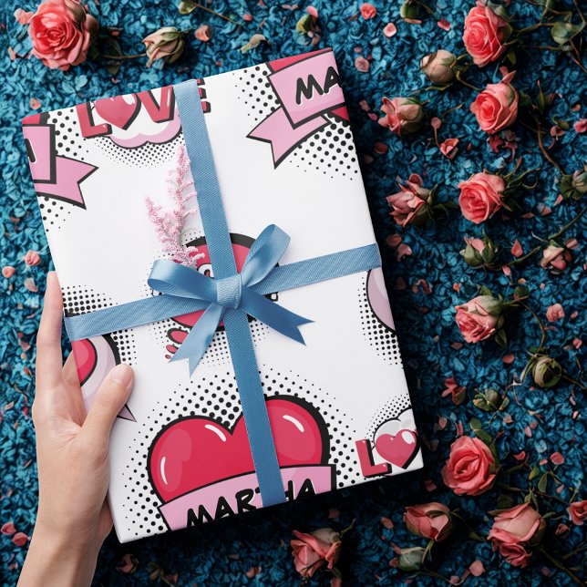 Individuelle Name Comic Buch Style Herzgeschenke Geschenkpapier (Von Creator hochgeladen)